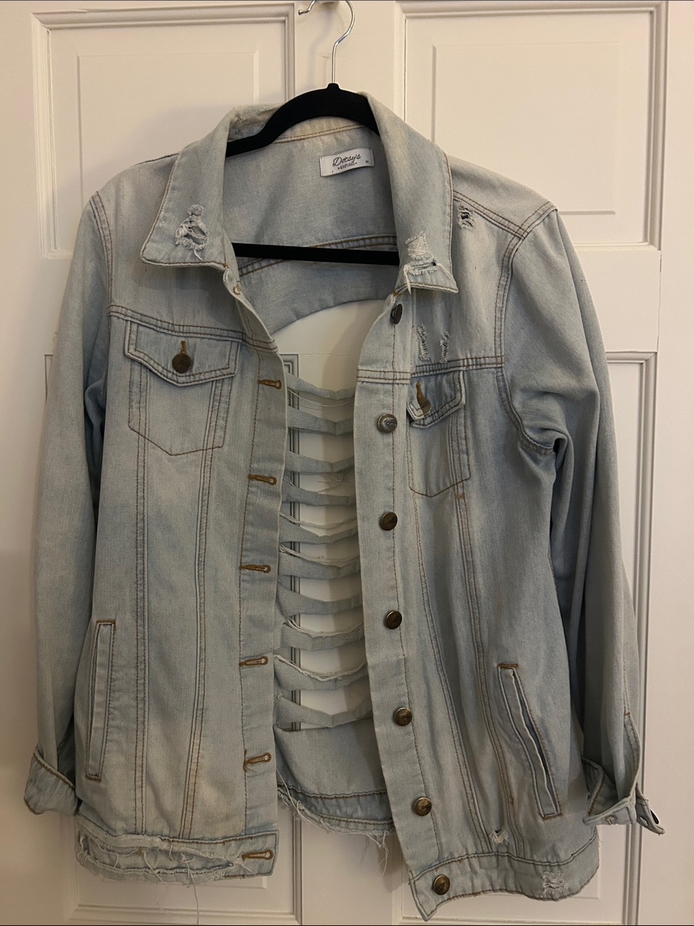 Light Wash Distressed Women's Denim Jacket with Ladder Back